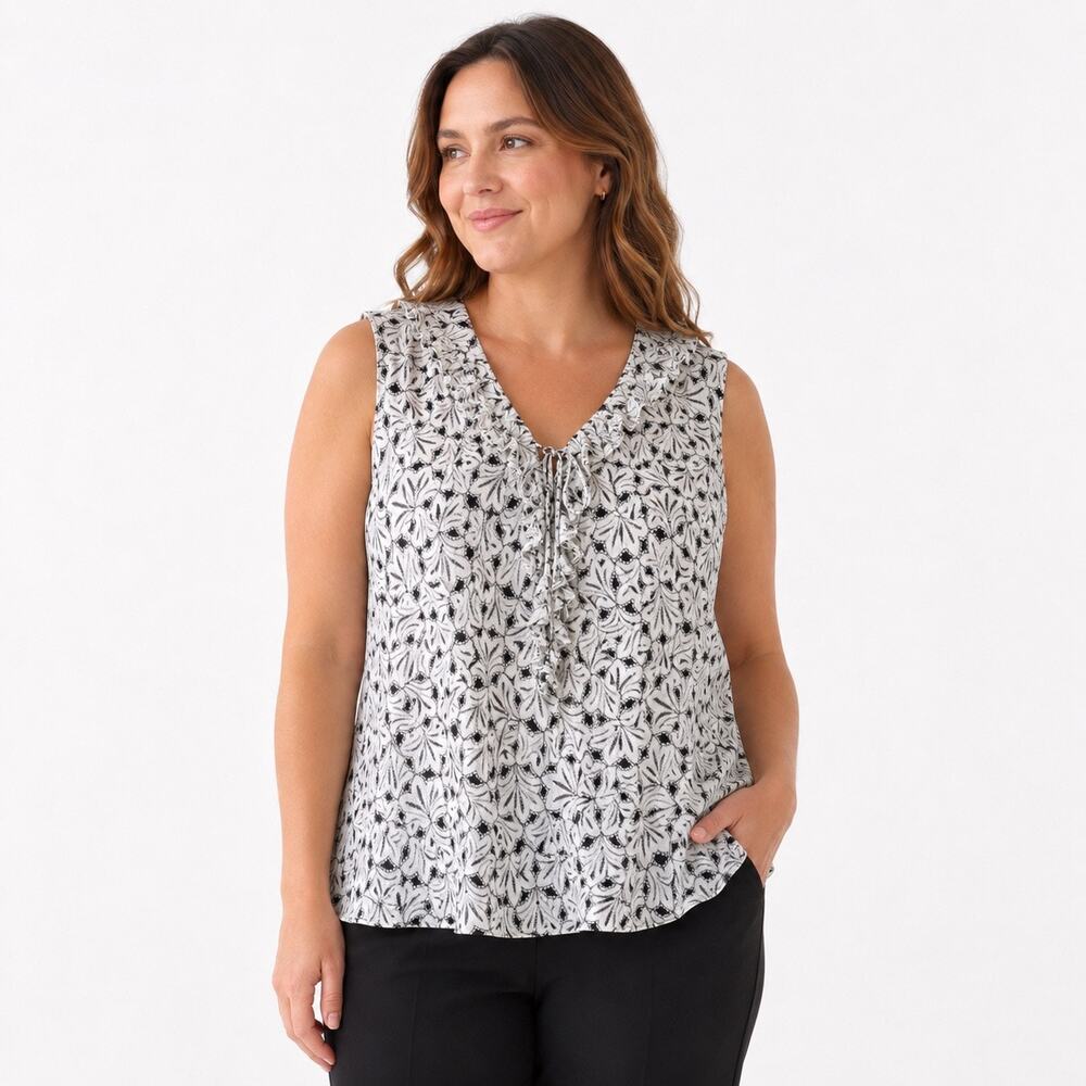 Vintage Vision Apparel 3X 100% Silk Black White Floral Sleeveless Blouse Lined